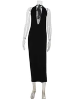 Ahagaga Fashion Halter Women's Maxi Dresses Solid Deep V-Neck Sleeveless Blackless Bandage Sheath Bodycon Party Vestidos Robes - Image 6