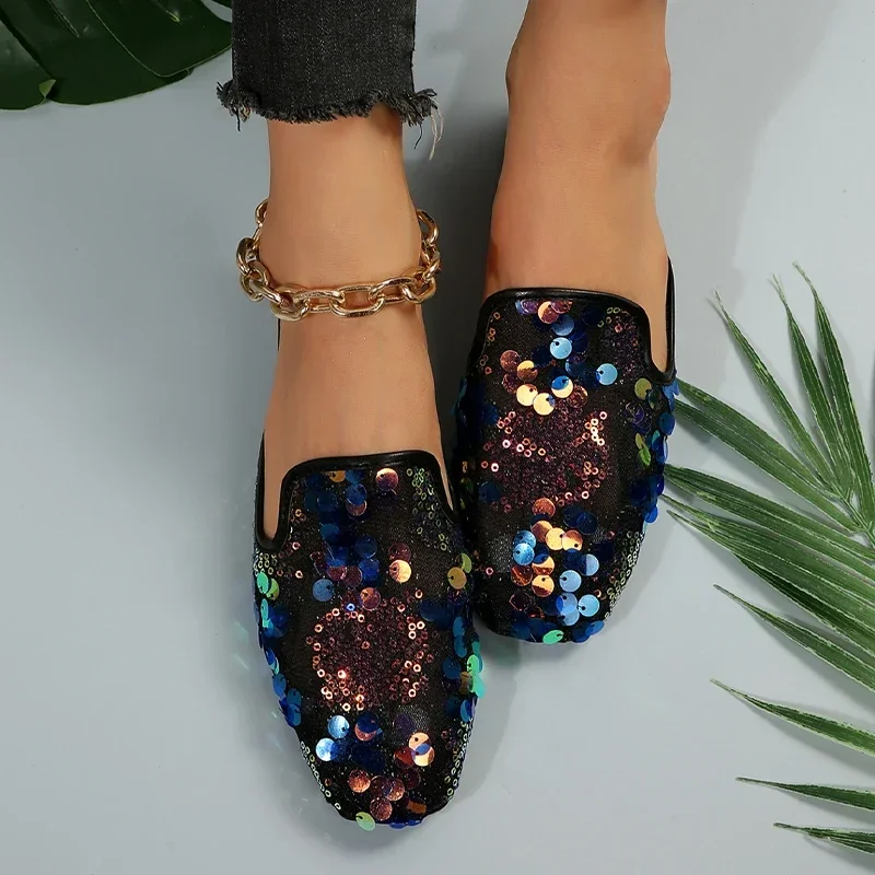 Sandal Mules wanita, baru flat Mules Bling wanita sandal musim panas kasual Flip flop 2024 sandal Fashion berjalan Slingback Zapatos sandal wanita