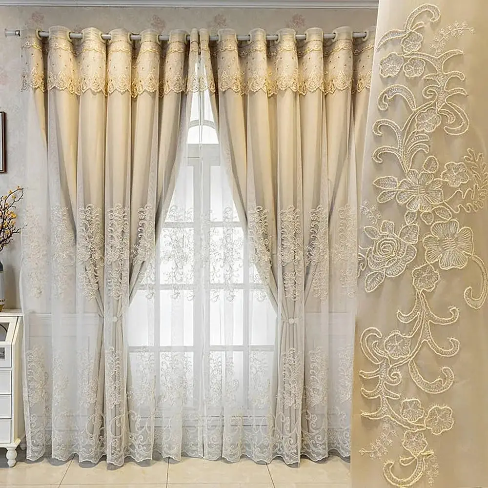 

1 Panel 160cm Width European Double Layer Curtain with Valance for Living Room Luxury 3D Embroidered Curtain for Bedroom