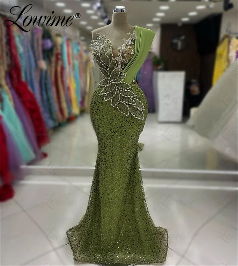  Green Dubai Mermaid Evening Dress Arabic Aso Ebi Leaf Crystals Beaded Engagement Party Gowns Luxury 2024 Robe Soirée Female