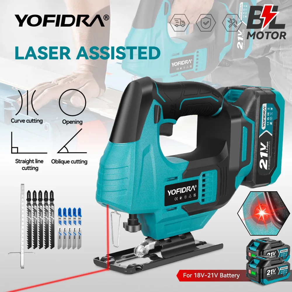 Image of YOFIDRA Bürstenlose Rote Linien-Laser-Stichsäge Multifunktionale Elektrische Kurvensäge für Rohre und Holz, Kompatibel mit Makita 18-21V Akku