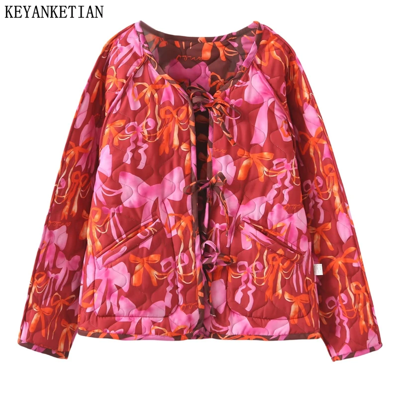 KEYANKETIAN Winter New Women's Round Neck Double-sided Printed Double-sided Butterfly Tie Tied Cotton Jacket for Women
