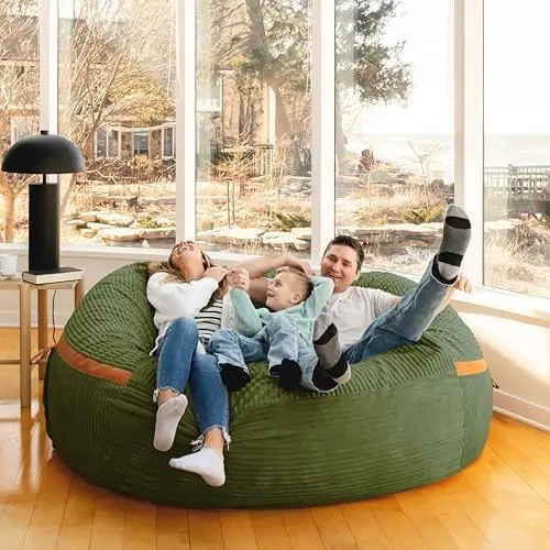 كرسي بين باج مملوء بالرغوة من Fuf XXL مع غطاء قابل للإزالة، قطيفة سلكية باللون الأخضر الطحلب، عملاق بطول 6 أقدام #5