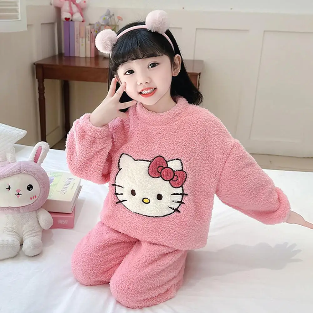 

2 шт. кавайные пижамы «Hello Kitty», детские плюшевые пижамы Kuromi, аниме, осенние милые фланелевые верхние штаны с героями мультфильмов для девочек, теплая домашняя одежда, подарок