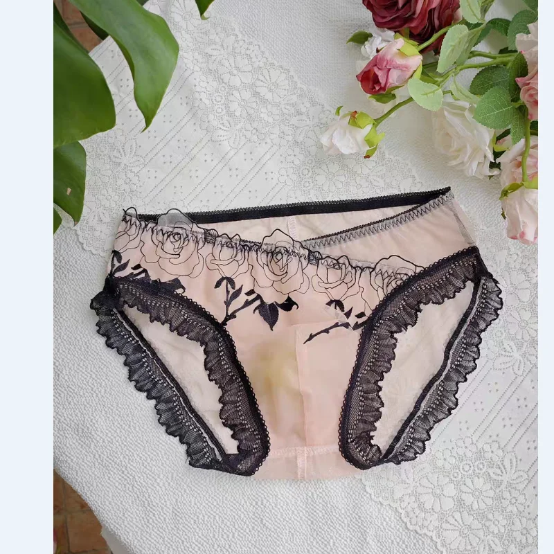 Men's Elegant Embroidery Lace Briefs Convex Pouch Panties Live Show BF Private Party Harajuku Sexy Hologram Half Sheer Panty view 2