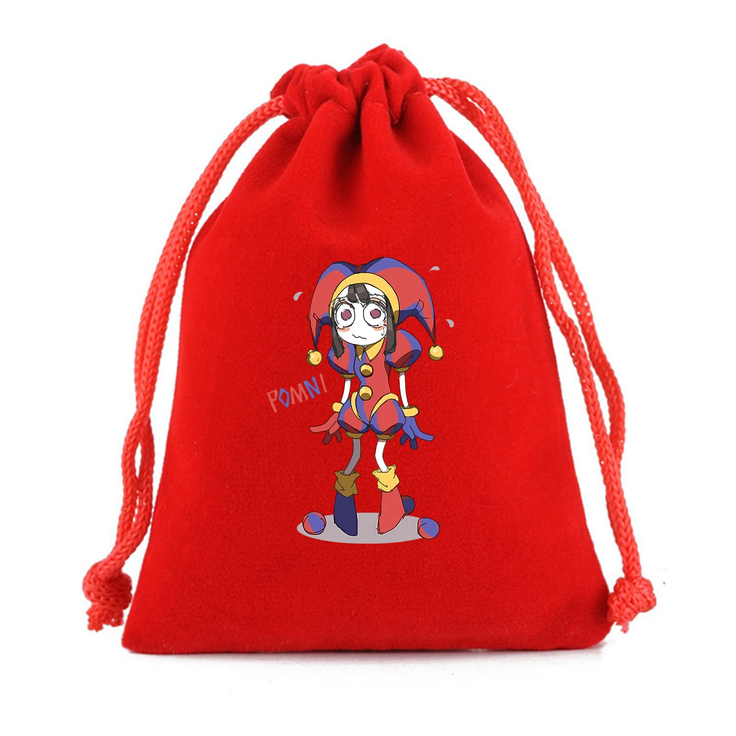 Amazing Digital Circus Gift Bag Pomni Drawstring Bag Game Storage Bags Cute Print Flannel Drawstring Pouch Anime Kids Party Bag