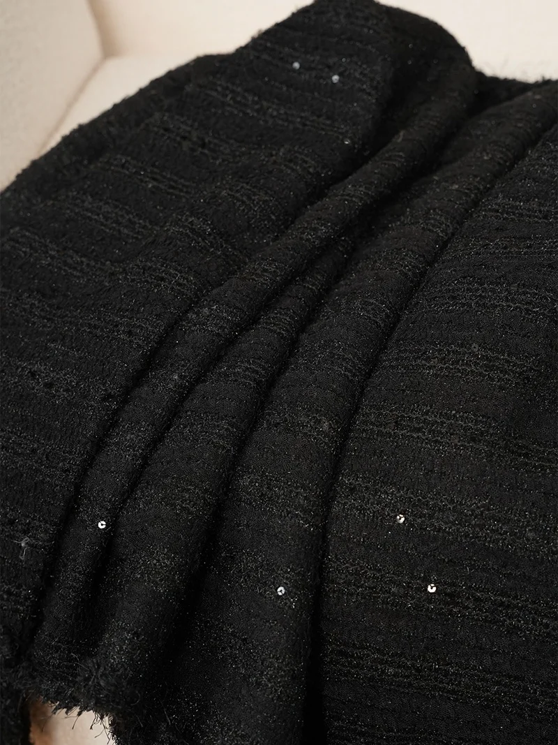 Ele Thi Tweed Bla Sequin Trim Hand Knitted Fringe Spring Autumn Women's Jaet Top Stand Fit Luxury Sle Polyeste...