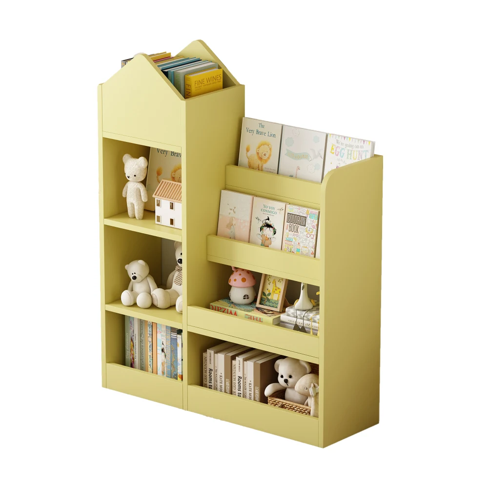 Organizzatore di stoccaggio per giocattoli da scaffale in legno giallo per bambini con libreria, unità di stoccaggio per bidoni per bambini con 6 scomparti 2 cestini contenitori giocattoli