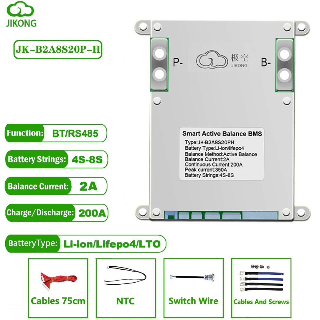 JK BMS B2A8S20P Smart JKBMS 2A Actieve balans Lifepo4-batterij 4S 12V 5S 6S 7S 8S 24V 200A Li-Ion LTO 18650 Camping RS485 JIKONG