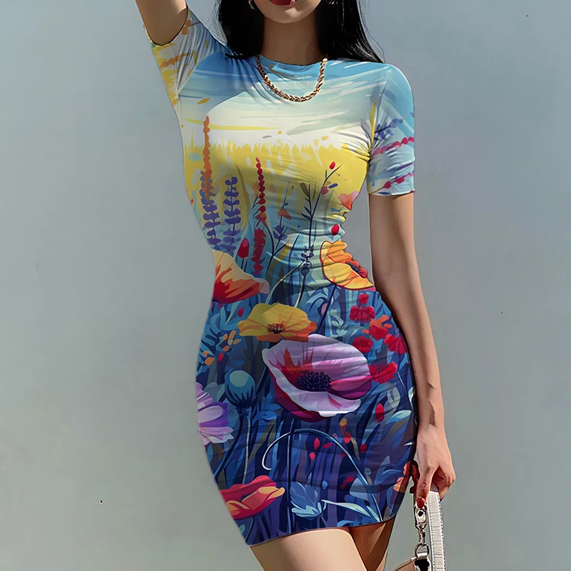 

Summer new lady slim dress flower 3D printed lady dress sweet style ladies slim dress fashion trendy casual lady slim dress