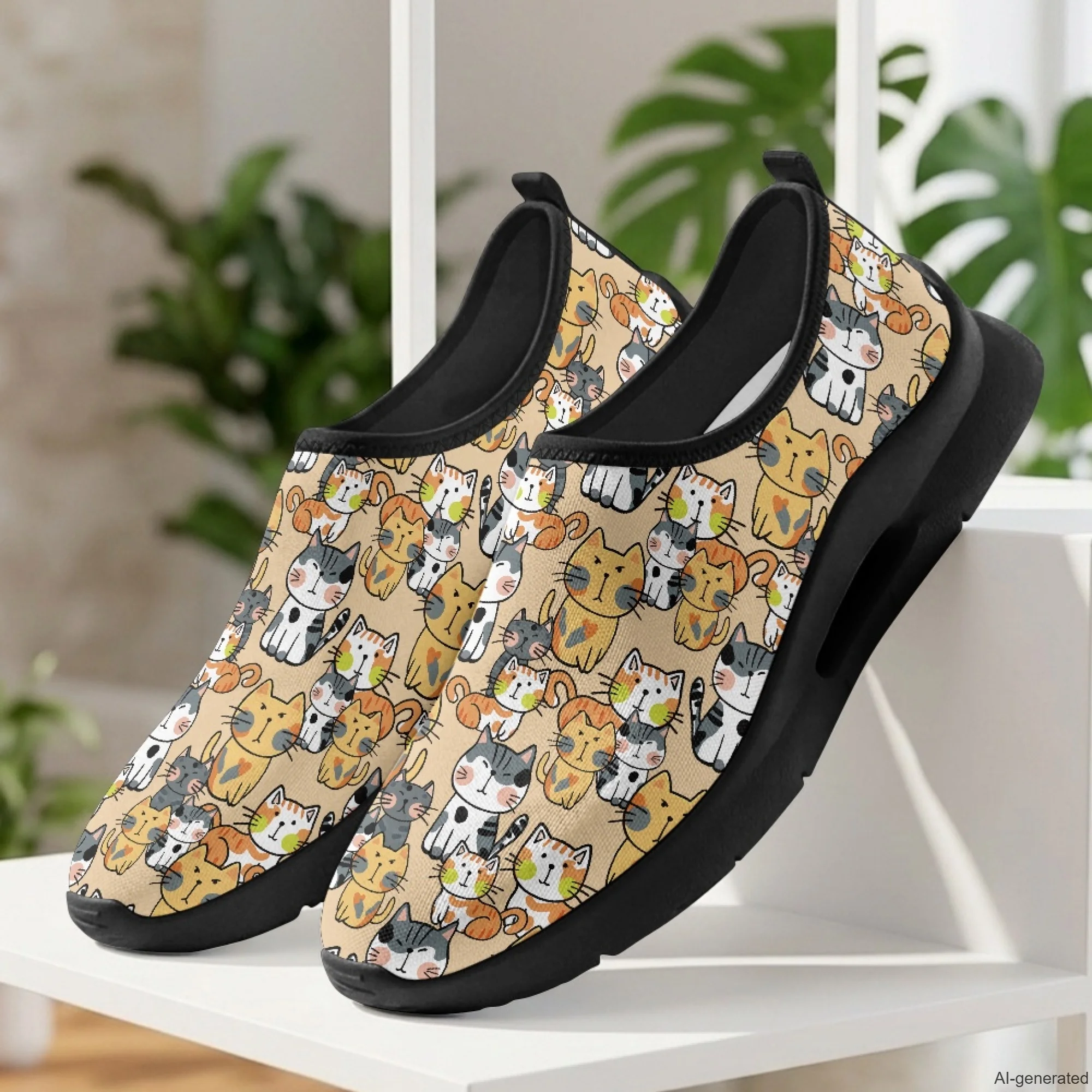 XIXIRIMIDO Mens Casual Shoes Slip On Walking Sneakers Women Gym Workout Shoes Cute Cat Print Breathable Mesh Shoes 35-48