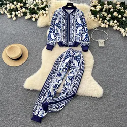 Autumn Runway Red Blue and White Porcelain Print Two Piece Set Women's Long Sleeve Zipper Jacket Tops＋Elastic Waist Pant Suits