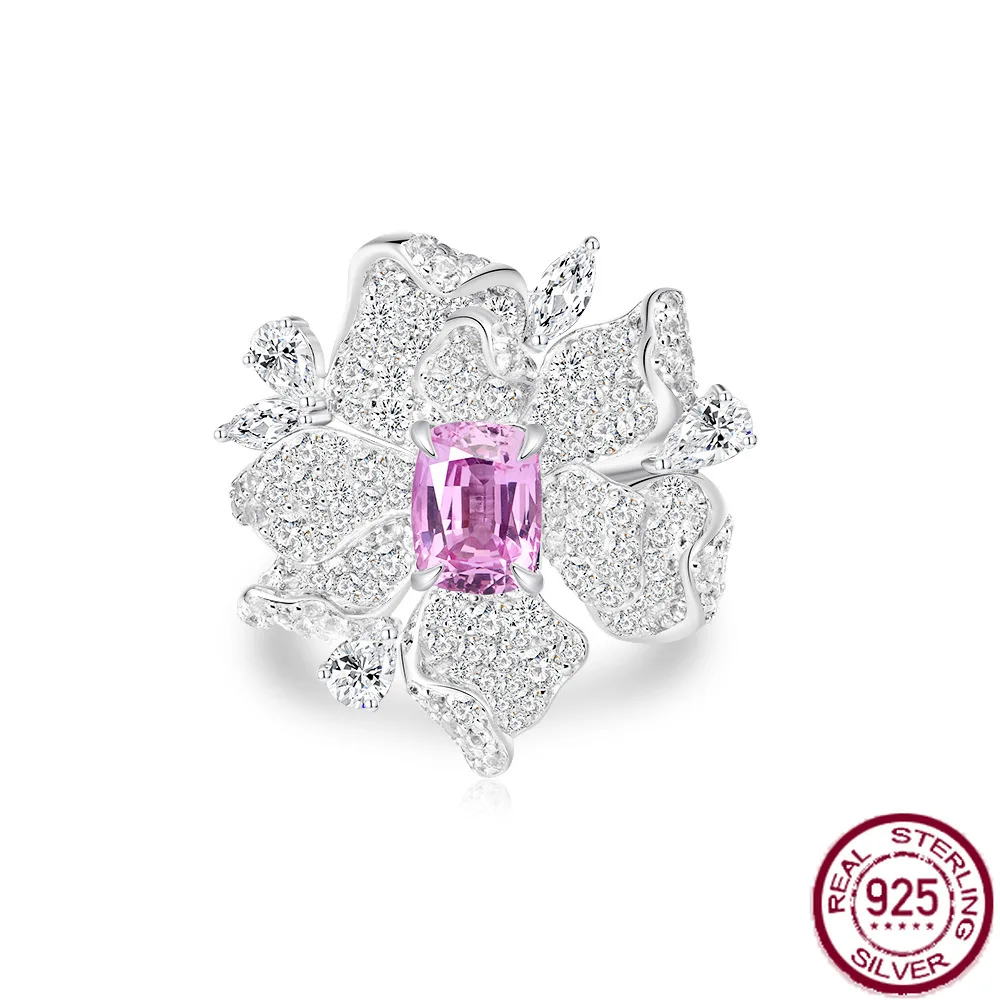 

New S925 Pure Silver Inlaid 2ct Fat Square 6 * 8 Pink Blue Treasure Fashion Gorgeous Versatile Flower Ring Wedding Jewelry