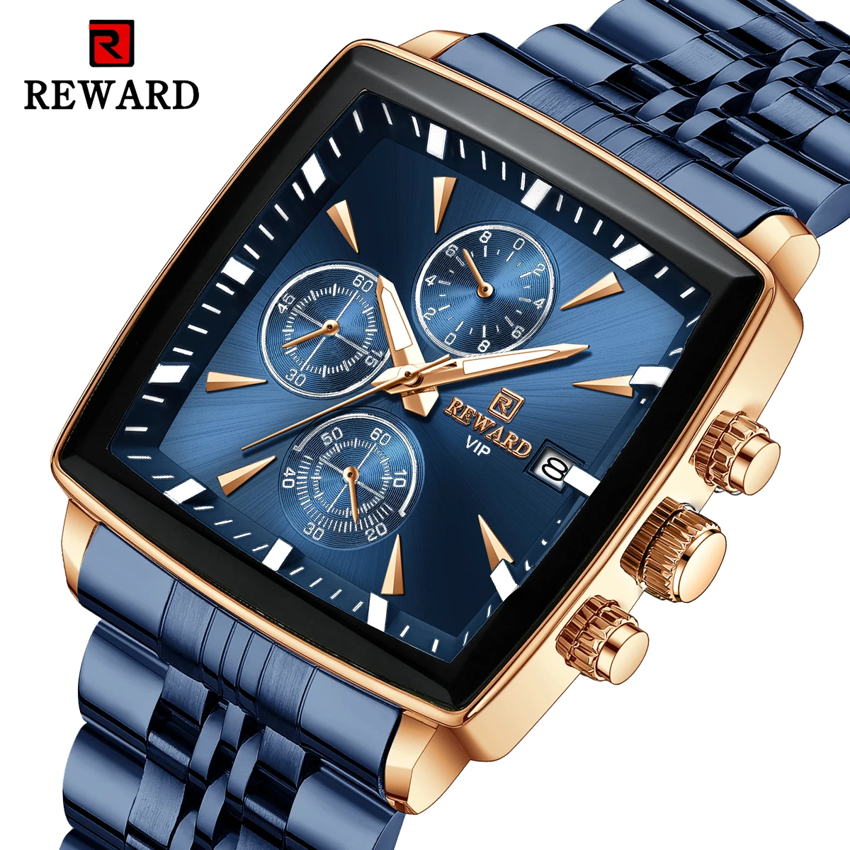 REWARD Men\'s Watches Blue Rectangle Quartz Wristwatches Luxury Business Watch Clock Luminous Hands Waterproof Clock Man