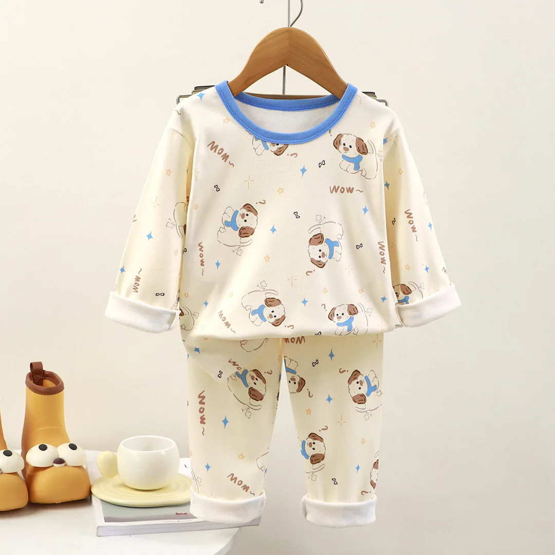 New Kids Autumn Warm Pajamas Boys Girls Cute Cartoon Print Long Sleeve T-Shirt with Pants Pyjamas Toddler Baby Casual Sleepwear