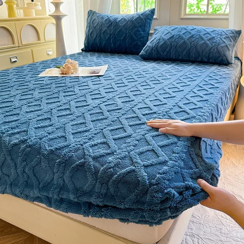 Solid Winter Taffeta Velvet Fitted Sheet Set Thick Warm Bedspread Pillowcase for Bedroom Soft Bed Decoration for Single Double