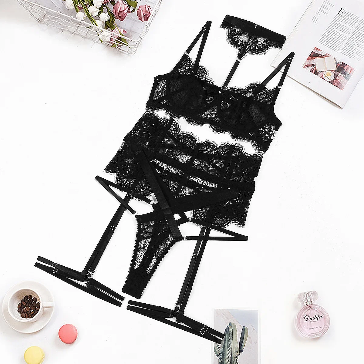 New lace pick-up body sculpting sex set perspective neck sexy underwear four-piece set lace bodysuit body suit sexy lingerie