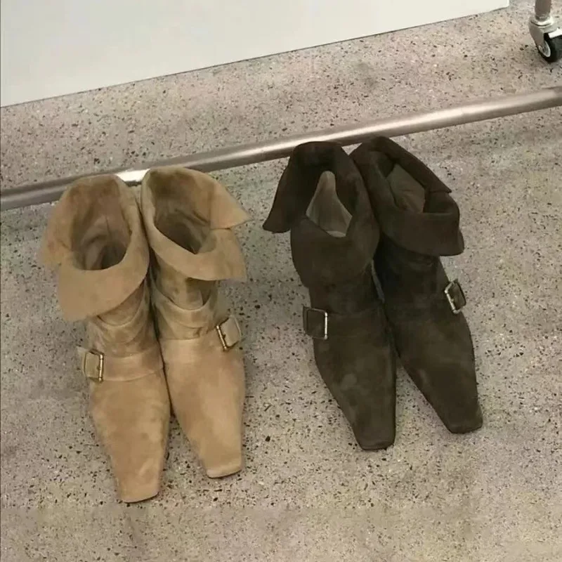 

Woman Short Boots 2025 Autumn Suede Leather Square Toe Women Heel Midsole Boots Low Heel Buckle Strap Retro Botas Para Mujer