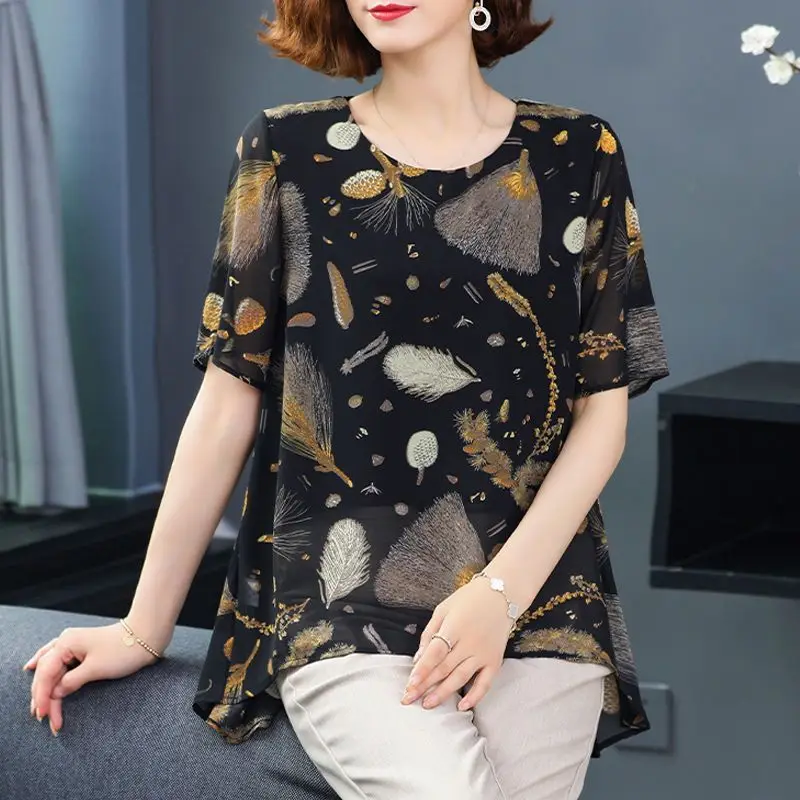 Vintage Loose Printed Stylish Spliced Shirt Women\'s Clothing Commute Round Neck Summer New Casual Short Sleeve Irregular Blouse