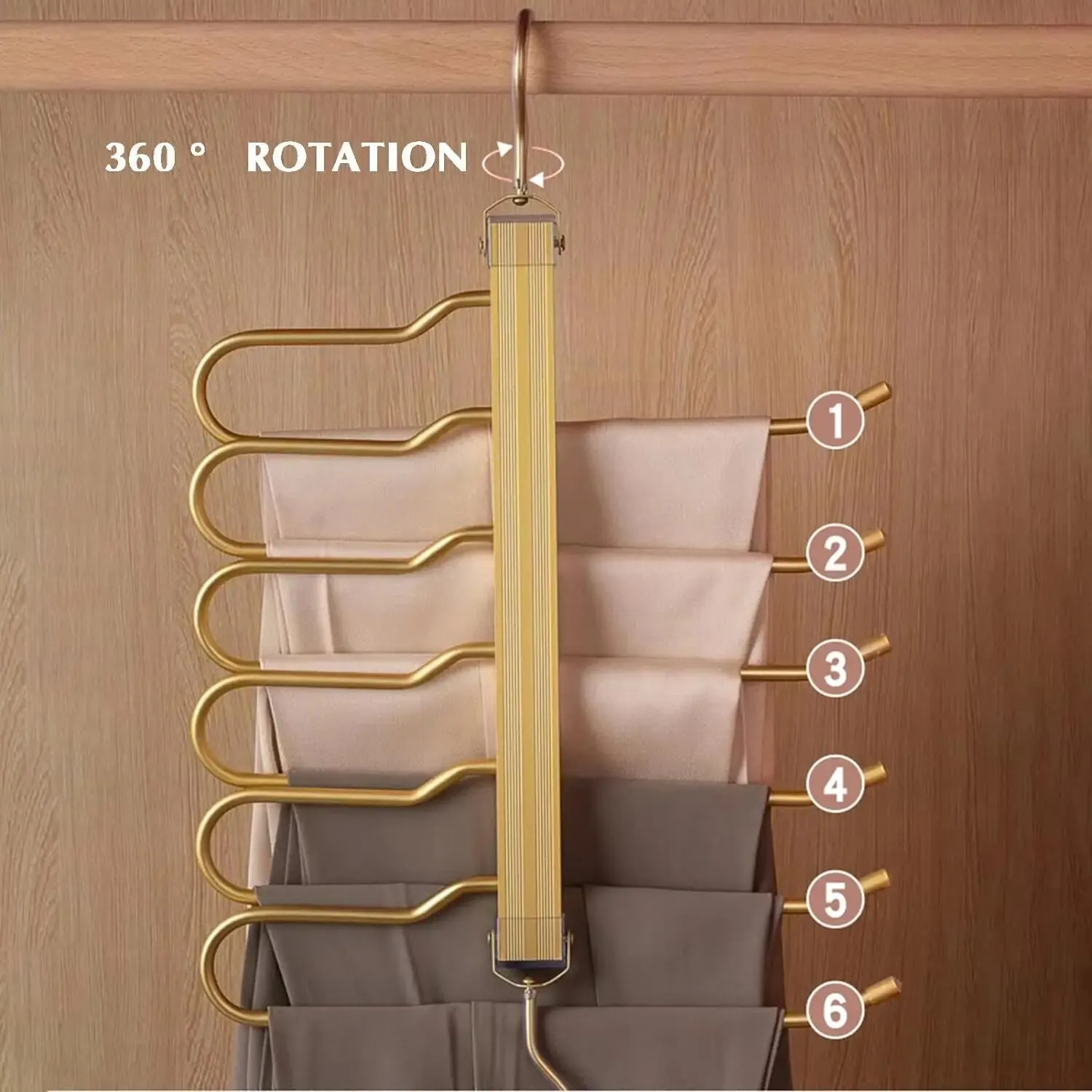 6 Tier Trouser Hangers Space Saving Foldable Holder Multi Organiser Rack Non-Slip Wardrobe Storage with Hooks for Pant Towels