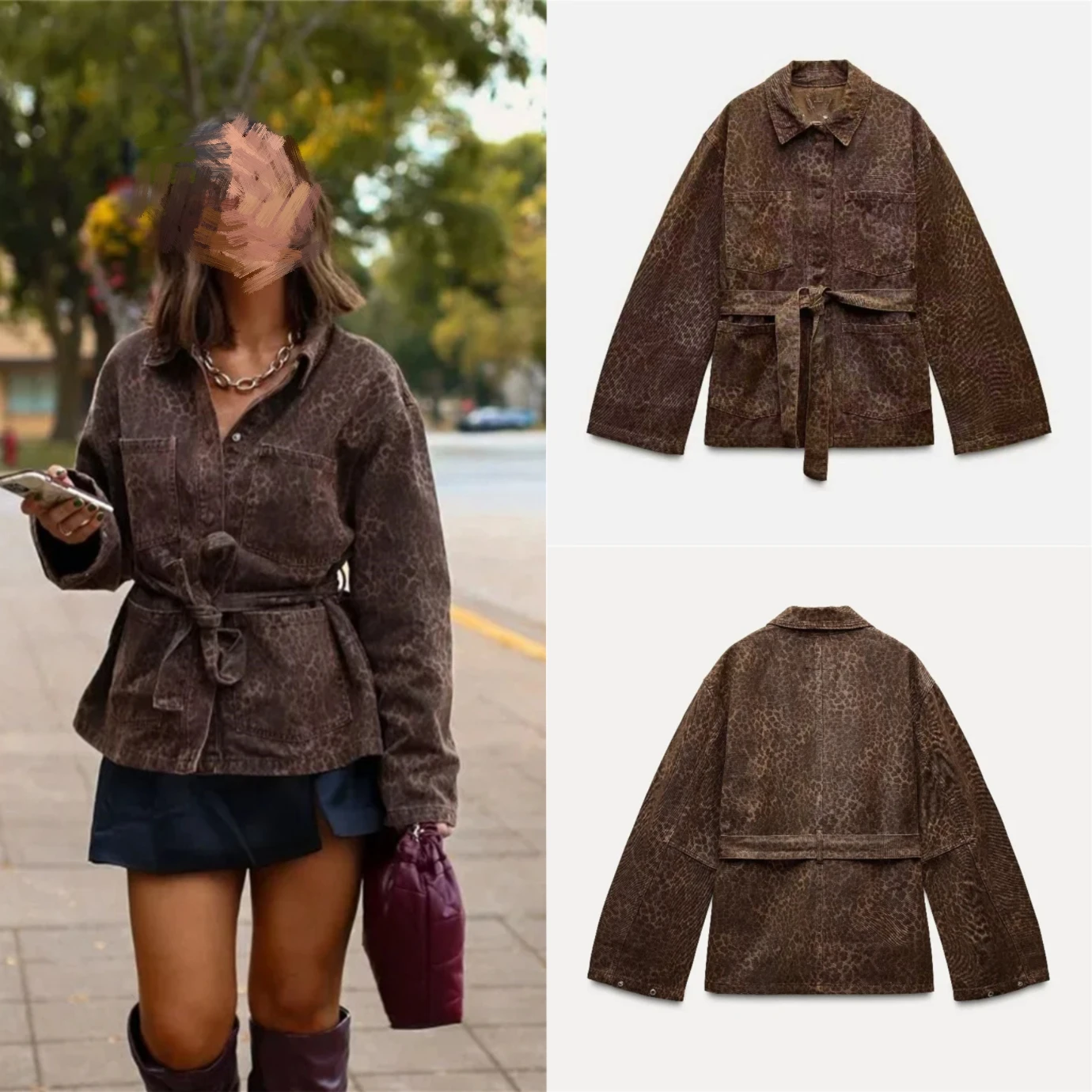 

Women's Jacket 2025 New Arrival Casual Fashion Animal Print Collar Belted Jacket