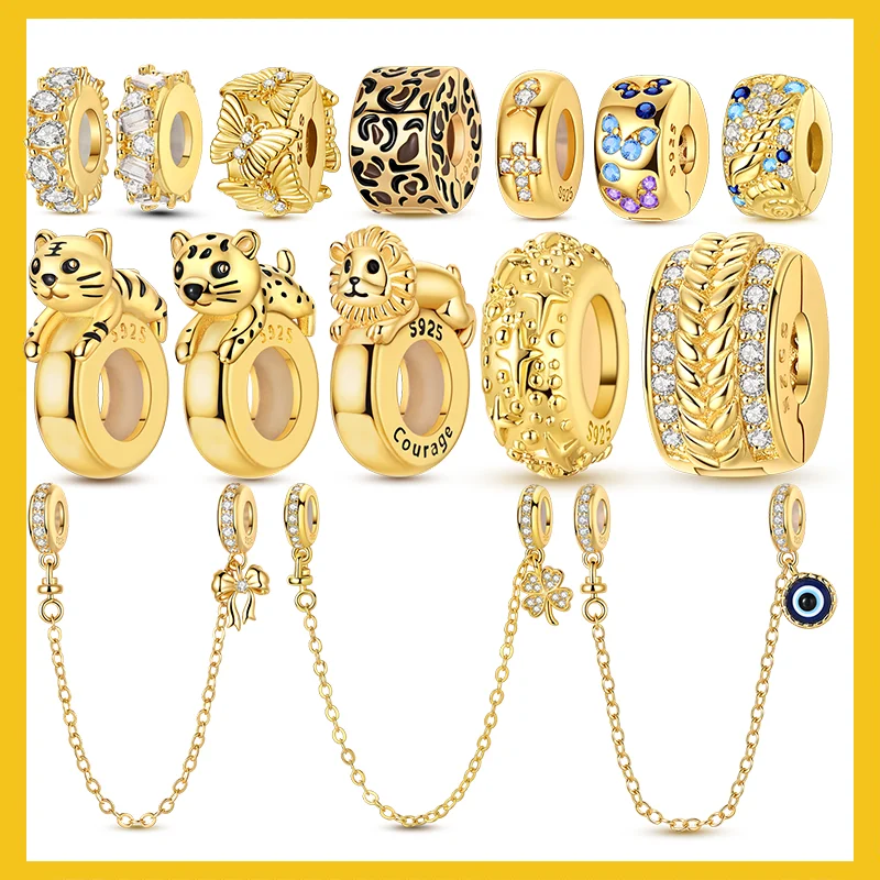 Safety Chain 925 Sterling Silicone Spacer Stopper Beads Leopard Print Devil's Eye Pendants Fit Bracelet DIY Jewelry Gifts