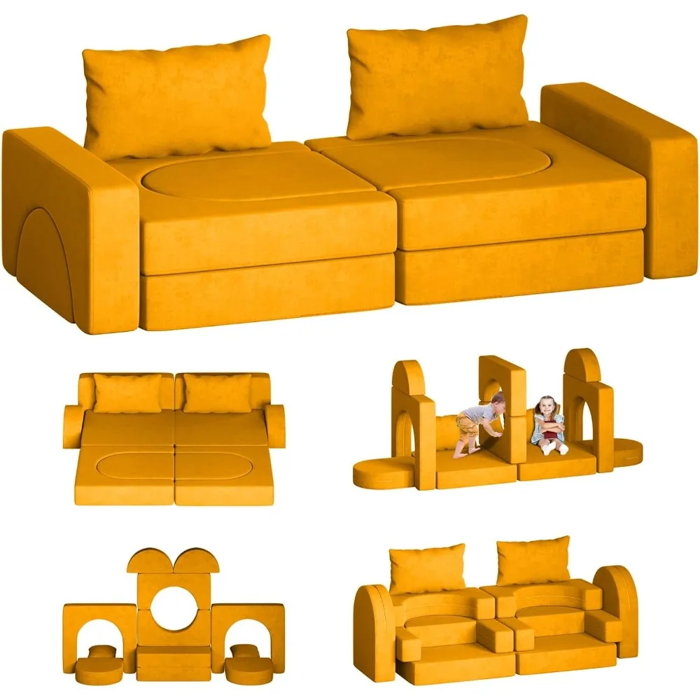 

Kids Couch, 12PCS Modular Kids Play Couch with 2 Pillows and Tunnel, Fold Out Toddler Couch for Playroom Bedroom