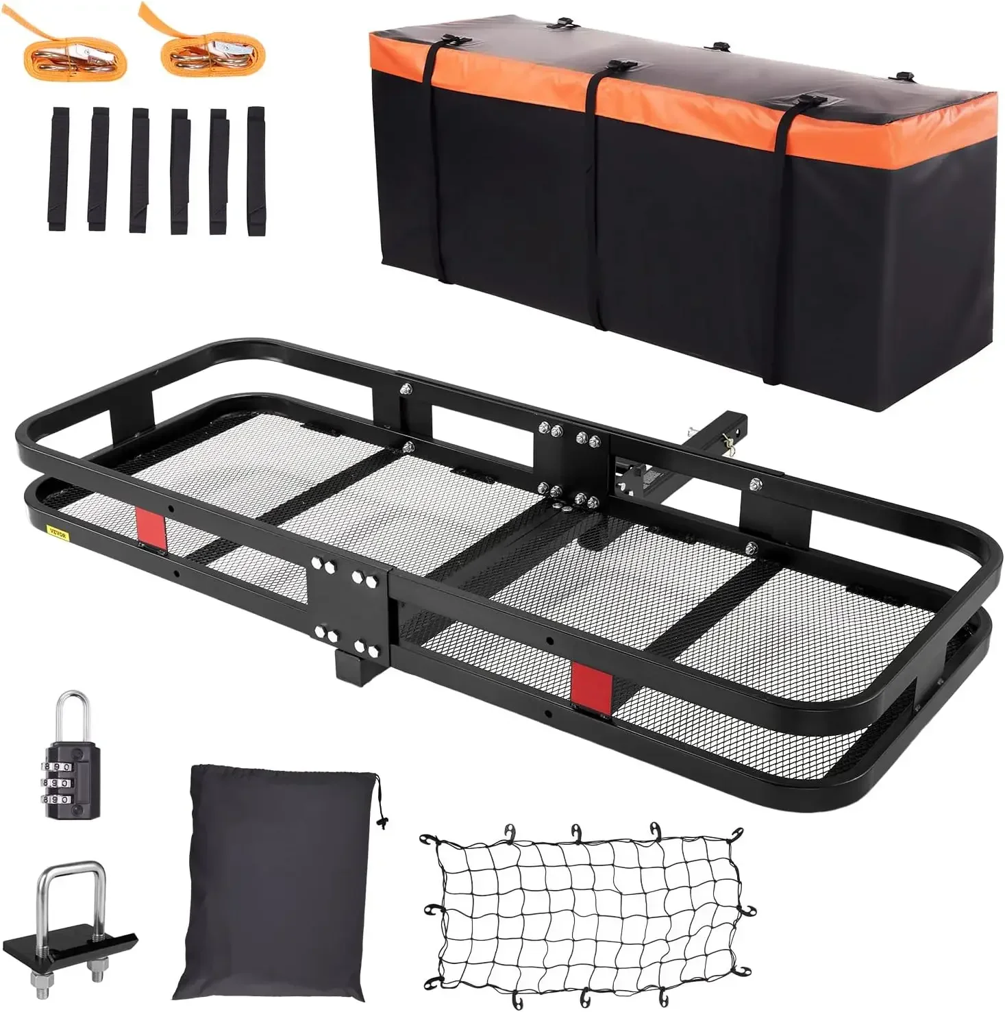 60x24x6 in Hitch Mount Cargo Carrier, 500lb Capacity Folding Trailer Hitch Cargo Basket & Waterproof Cargo Bag, Luggage Carrier