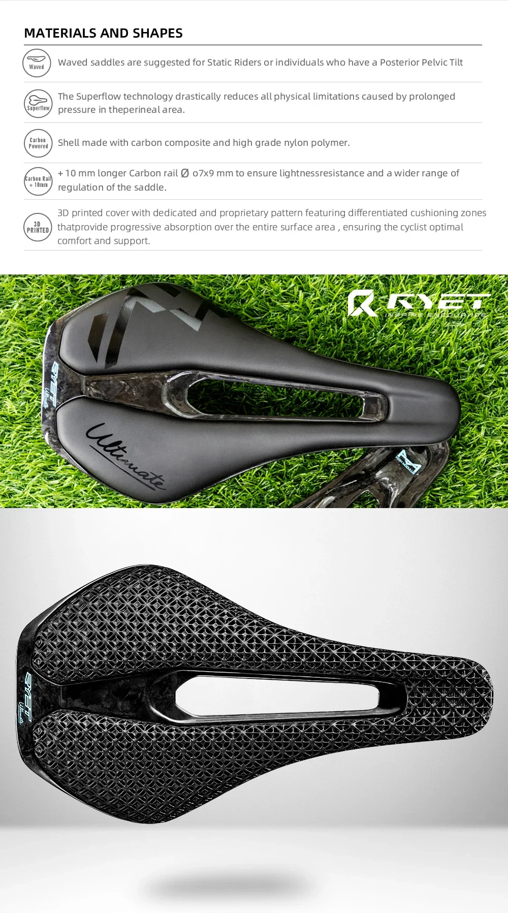 RYET Ultraleichter Carbon-Fahrradsattel 3D-Gedruckter Fahrradsitz 135/143mm Bike-Sattel für MTB Gravel Rennrad Fahrradteil – Detail 12