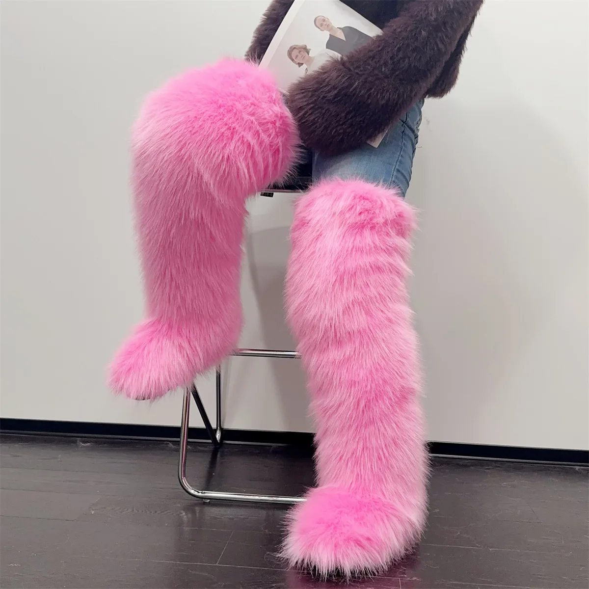 Faux Fox Raccoon Fur Womens Thigh Highs Boots Over the Knee Boots - view 3