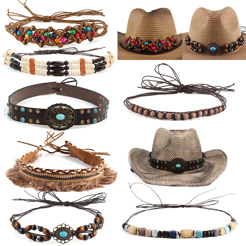 

Men Women Vintage Boho Braid Hat Bands Western Cowboy Hats Bull Belt Buckle Fashion Adjustable Hat Accessories Outdoor Decor