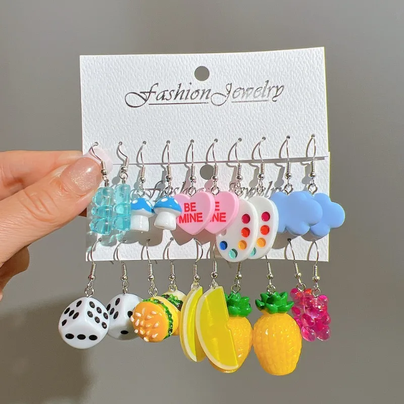 Cartoon Colorful Acrylic Earring Set For Women Girls Sweet Cool Geometric Animal Fruit Dopamine Earrings 10pcs/Set Funny Jewelry