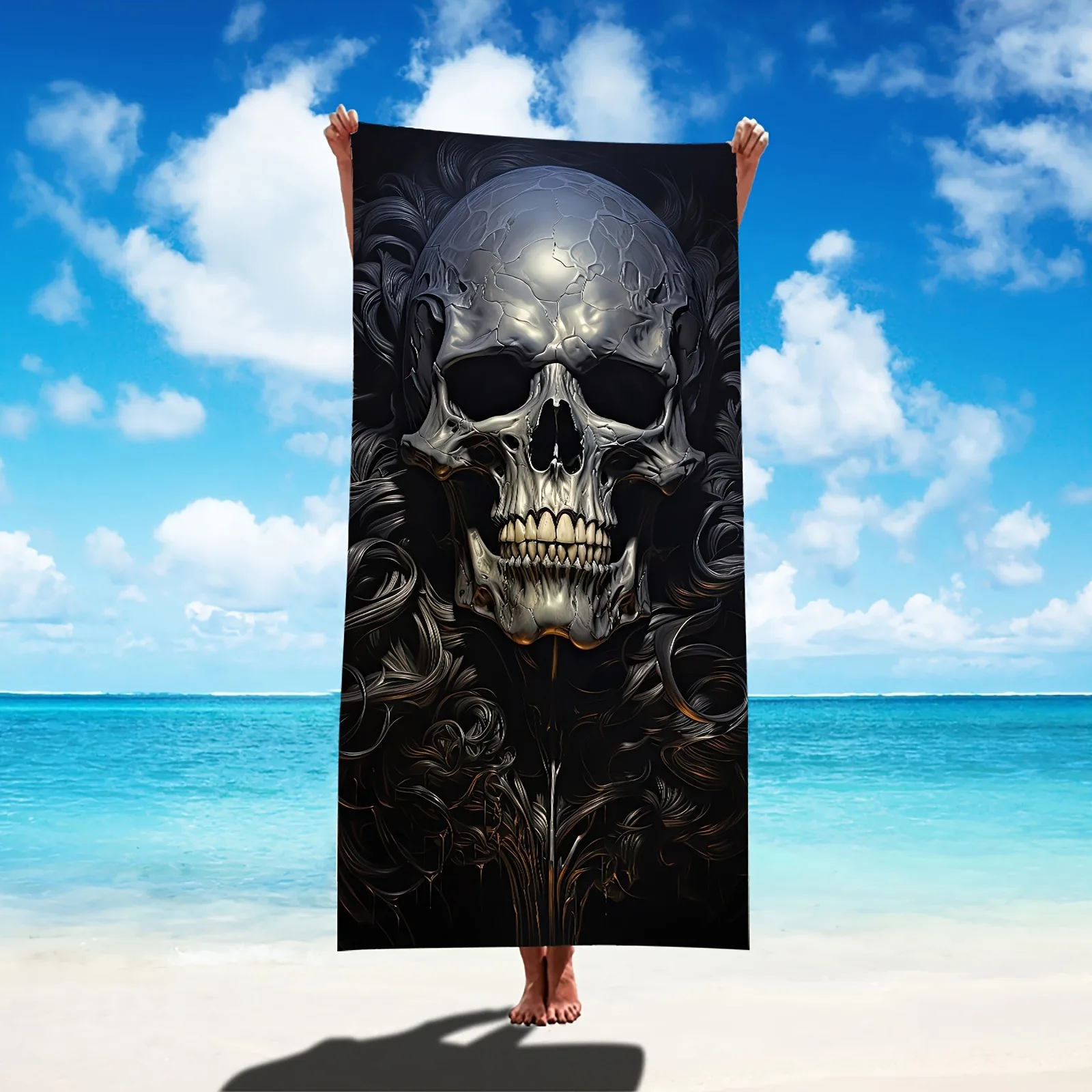 Large Quick-Dry Beach Towel - Gothic Metallic Skull Design with Heavy Metal-like sheen,Super Absorbent Microfiber Towel for Pool