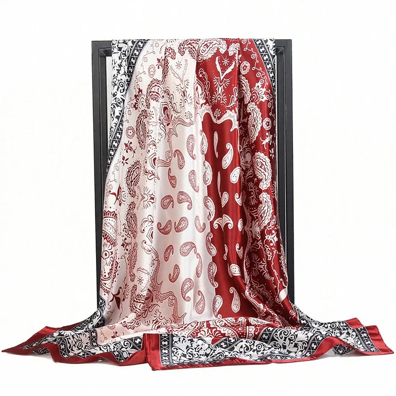 90*90CM Square Silk Scarves Women Hijab Shawls Fashion Paisley Print Kerchief Female Head Scarf Foulard Bandana Beach Head Scarf