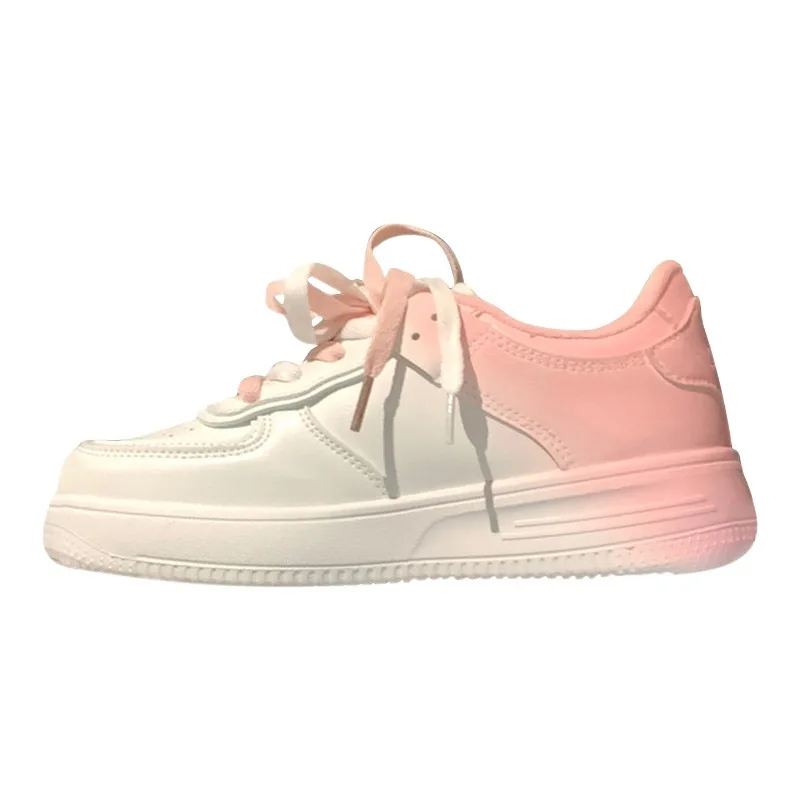 Gradient color flat white shoes for women, thick soled new lace up board shoes for high school students, casual shoes for women