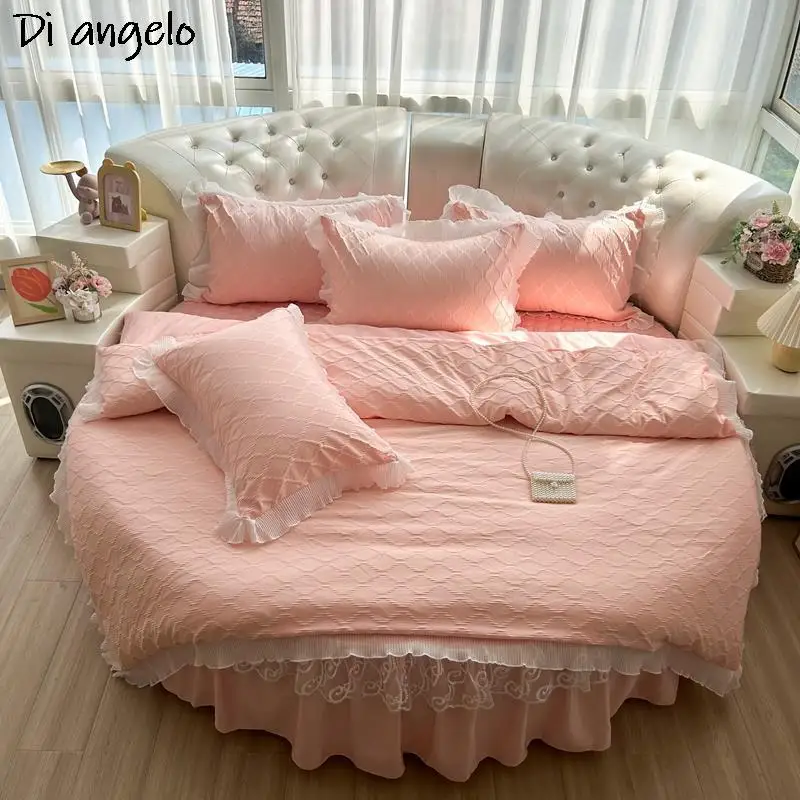 Solid Color Round Bed Bedding Set Bed Linen Mattress Cover Duvet Cover Fitted Sheet Elastic Band Protector Home Hotel Decor #/