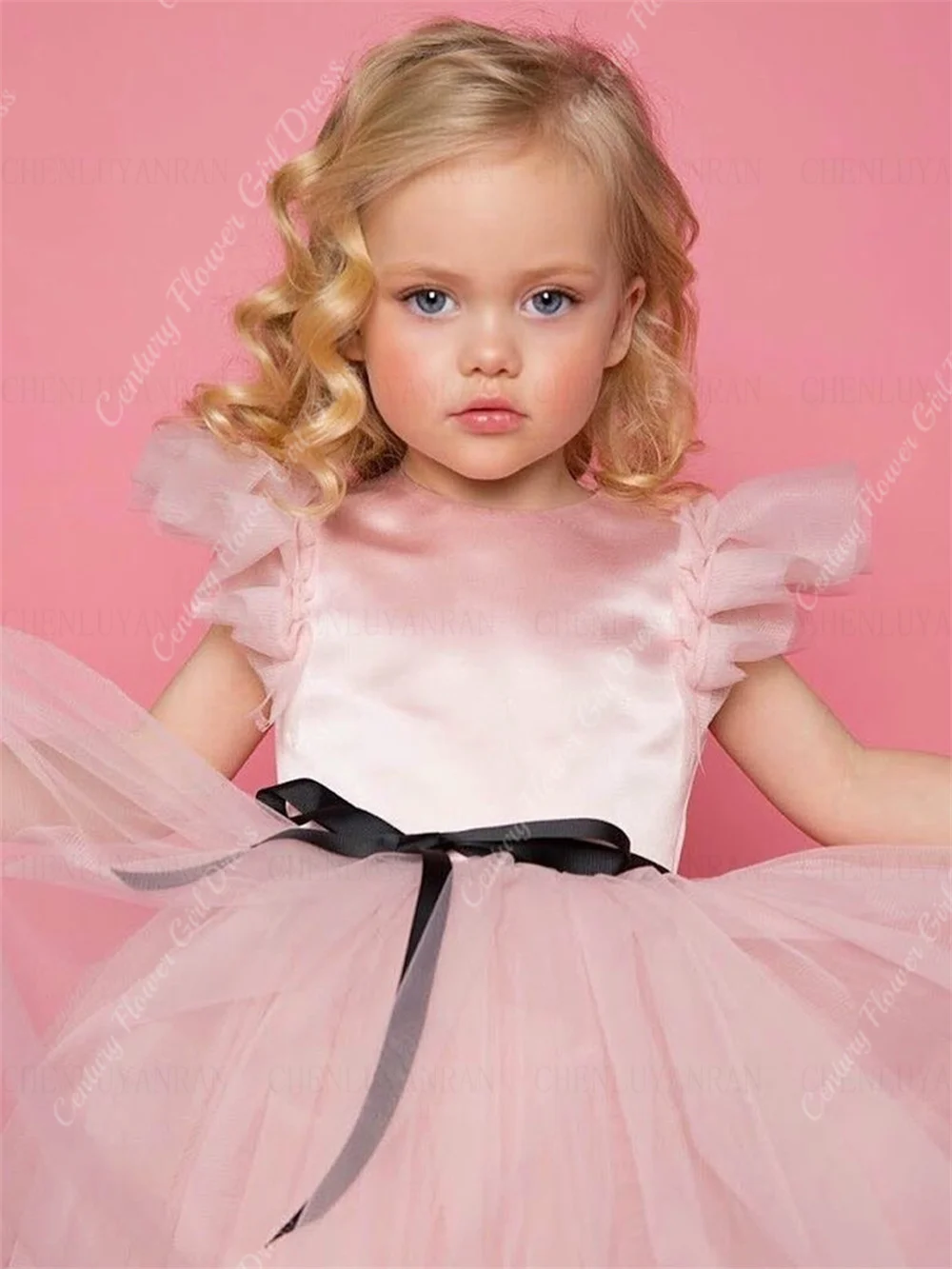 

Baby Pink Flower Girl Dresses O-Neck Tulle Girls Princess Wedding Party Gowns Ankle-Length Puffy First Communion Gown Dress