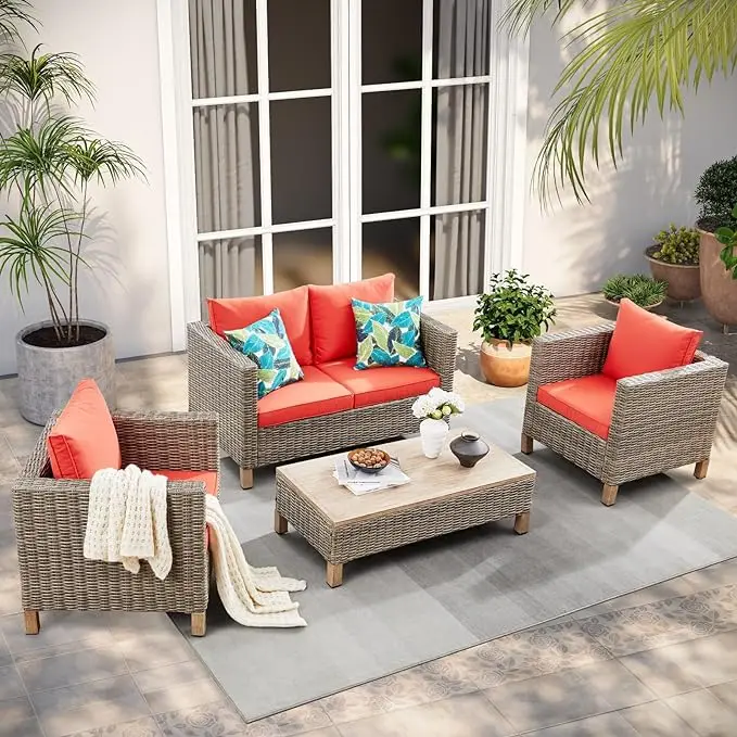 Patio Sofa with Metal Top Coffee Table, 4 Pieces Conversation Set Reinforced Wicker Rattan Outdoor Furniture