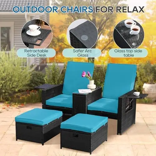 Chaise longue da esterno in vimini da 5 pezzi con ottomano e tavolino da caffè, rattan nero, cuscino turchese