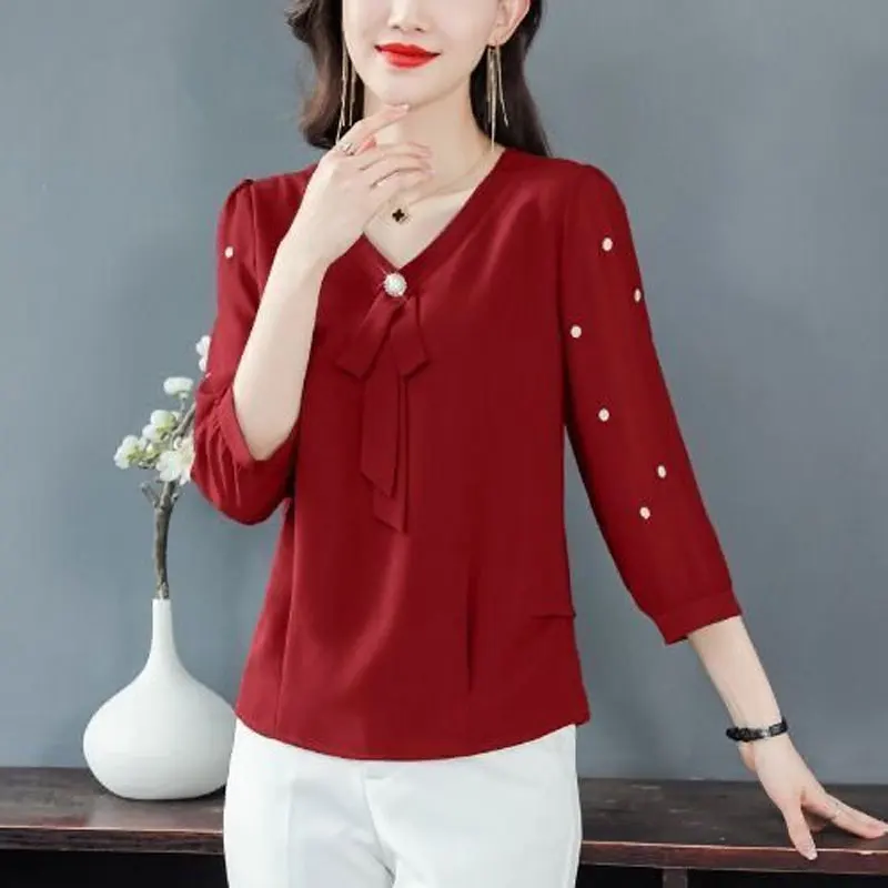 Spring Summer New Casual V-Neck Shirt 3/4 Sleeve Stylish Bow Three-dimensional Decoration Female Commute Polka Dot Korean Blouse