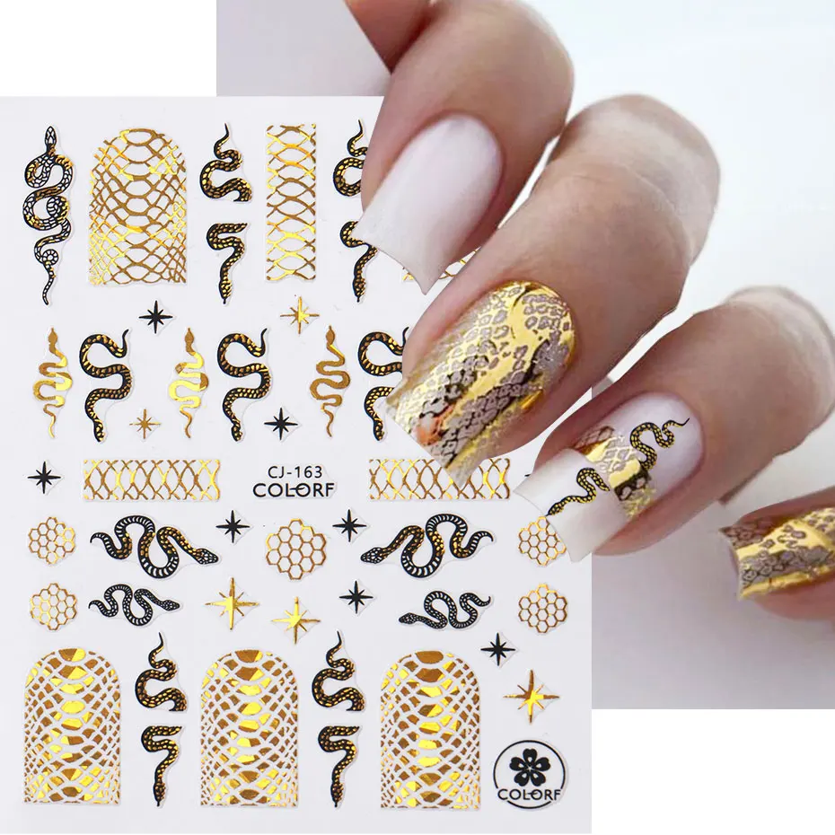 สติกเกอร์ตกแต่งเล็บลายงูสีทองดำ 7 ชิ้น สติกเกอร์เล็บลายสัตว์พิมพ์ลายทอง 3 มิติ สไตล์ Y2K ลายดวงอาทิตย์ ดาว เรขาคณิต สไตล์ญี่ปุ่น