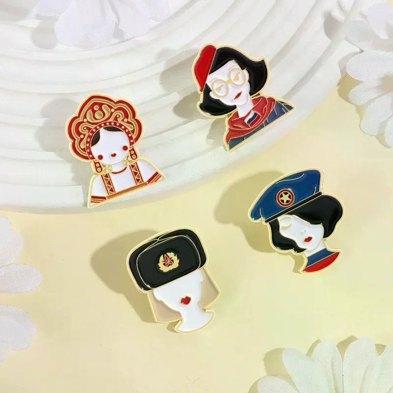 الكرتون الروسية فتاة الملابس الوطنية مع النظارات الشمسية المينا دبوس الجنود الروسية الصورة الرمزية بروش شارة التلبيب مجوهرات هدية