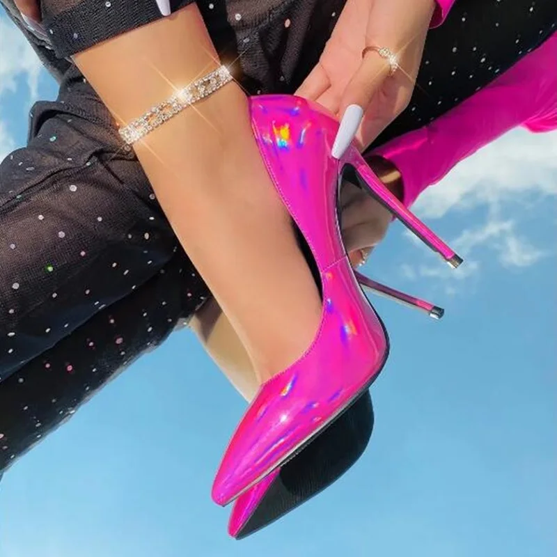 

Pink Hologram Iridescent Patent Leather Stiletto High Heels Pumps Pointed Toe Slip On Shallow Celebrating Evening Shoes 12 10 8