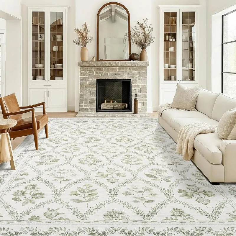 

Carpet for Living Room Large Area Floral Print Bedroom Rug Green Small Fresh Foldable Machine Washable Coffee Table Mats Tapis