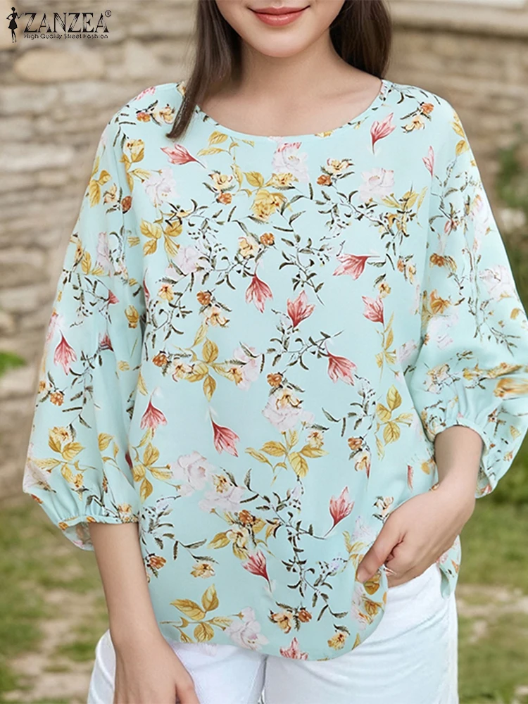 2025 ZANZEA Women Autumn Floral Printed Blouses Bohemain Shirt Elegant 3/4 Lantern Sleeve Work Tops Casual O Neck Loose Blusas