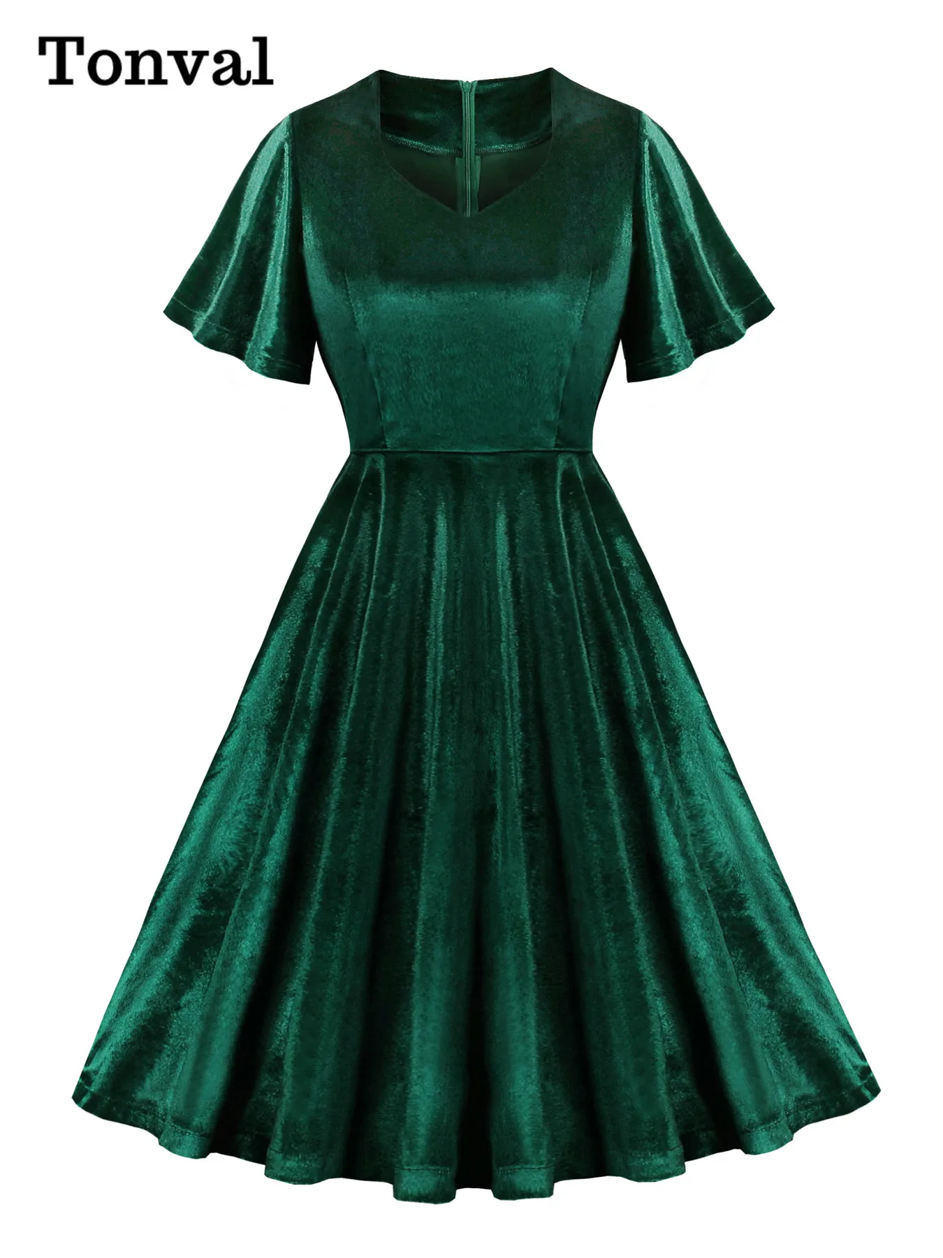 

Tonval Velvet Winter Christmas Party Elegant Dresses Women Sweetheart Neck Butterfly Sleeve Green Solid Plain Vintage Dress