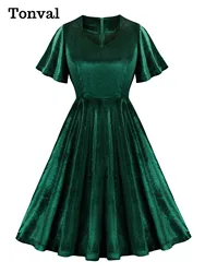 Tonval Velvet Winter Christmas Party Elegant Dresses Women Sweetheart Neck Butterfly Sleeve Green Solid Plain Vintage Dress