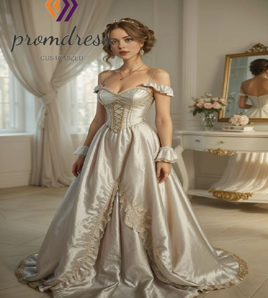 

Light Champagne Renaissance Evening Dress Fairy Lace A Line 1850s Prom Dresses Charming Civil War 18th century Formal Dance Gown