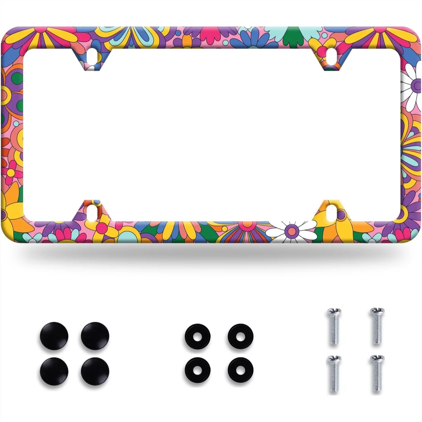 

Colorful Stainless Steel License Plate Frame with Floral Design, Funny Auto Decoration for US Cars, Includes Screws