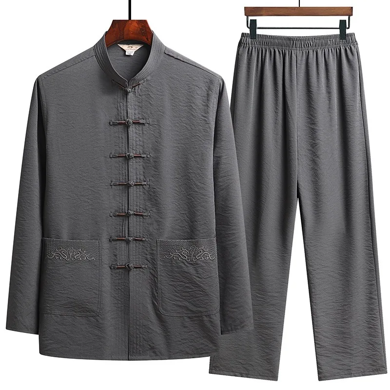 Men Chinese Tang Suit 2 Piece Set Stand Collar Frog Button Long Sleeve Shirt and Pants Breathable Tai Chi Casual Outfit